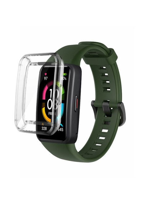 For Huawei Band 6 Soft Silicone Sports Wristband with Transparent TPU Case Full Around Bumper Frame Cover - Blackish Green