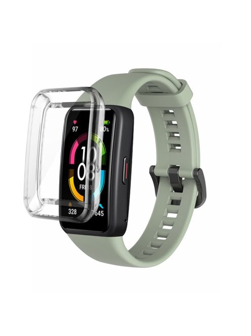 For Huawei Band 6 Soft Silicone Sports Wristband with Transparent TPU Case Full Around Bumper Frame Cover - Grey Green