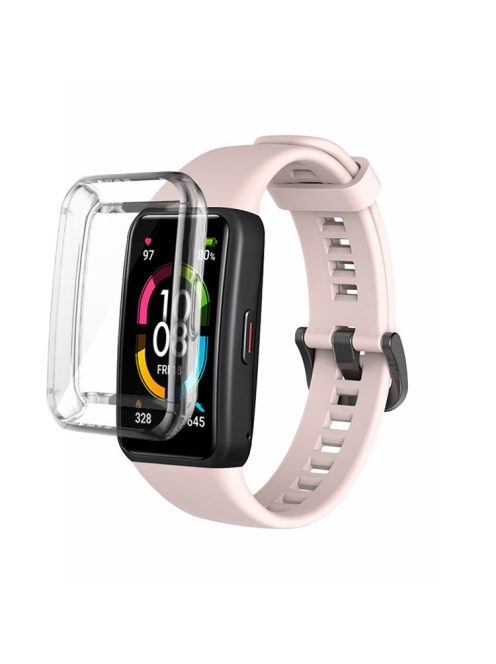 For Huawei Band 6 Soft Silicone Sports Wristband with Transparent TPU Case Full Around Bumper Frame Cover - Light Pink