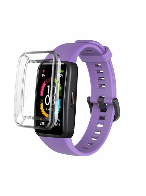 For Huawei Band 6 Soft Silicone Sports Wristband with Transparent TPU Case Full Around Bumper Frame Cover - Lilac Purple