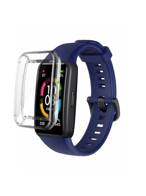 For Huawei Band 6 Soft Silicone Sports Wristband with Transparent TPU Case Full Around Bumper Frame Cover - Midnight Blue