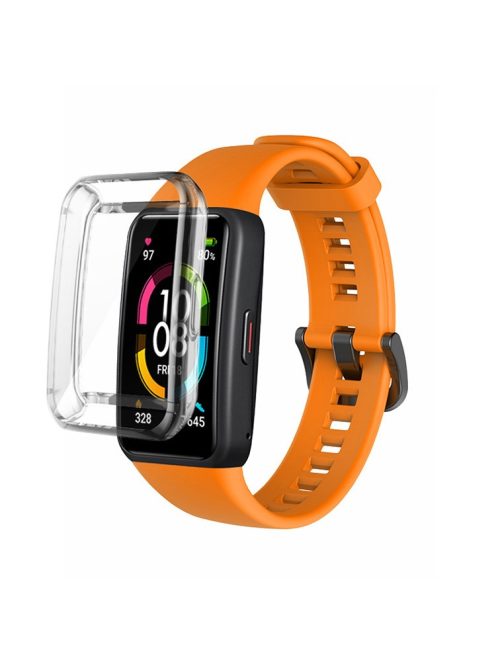 For Huawei Band 6 Soft Silicone Sports Wristband with Transparent TPU Case Full Around Bumper Frame Cover - Orange