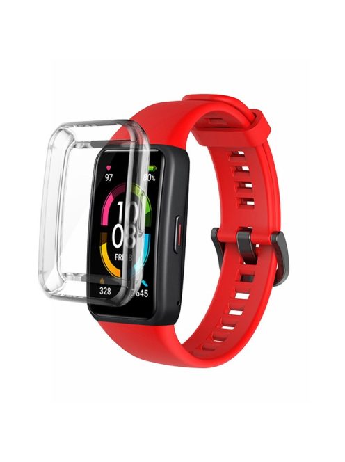 For Huawei Band 6 Soft Silicone Sports Wristband with Transparent TPU Case Full Around Bumper Frame Cover - Red