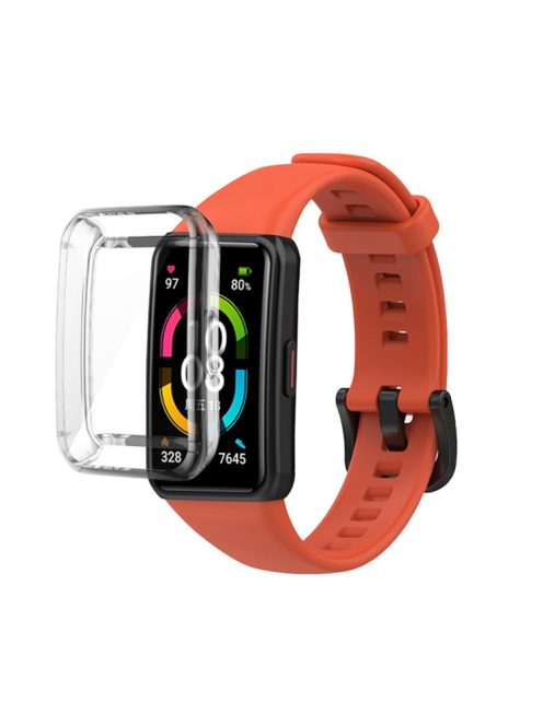 For Huawei Band 6 Soft Silicone Sports Wristband with Transparent TPU Case Full Around Bumper Frame Cover - Red Orange