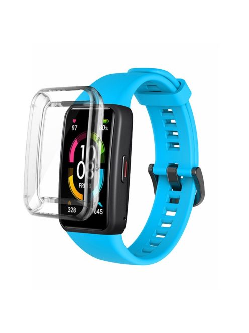 For Huawei Band 6 Soft Silicone Sports Wristband with Transparent TPU Case Full Around Bumper Frame Cover - Sky Blue