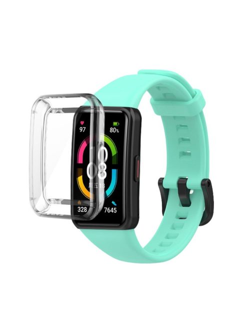 For Huawei Band 6 Soft Silicone Sports Wristband with Transparent TPU Case Full Around Bumper Frame Cover - Teal Green