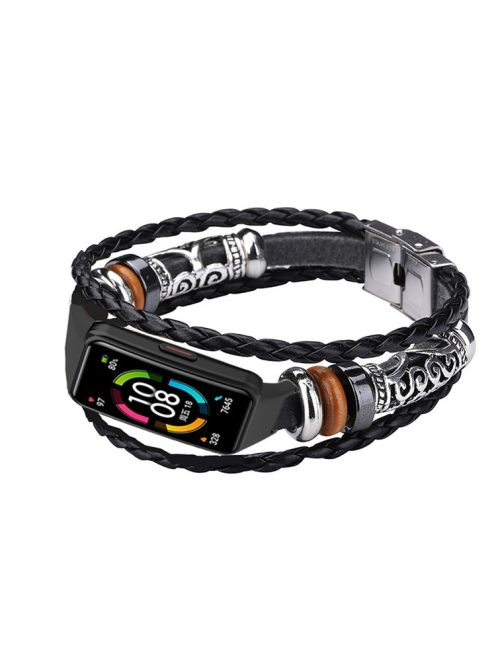 For Huawei Band 6/Honor Band 6 Ethnic Beaded Replacement Watch Strap Bracelet Retro Wrist Band - Black