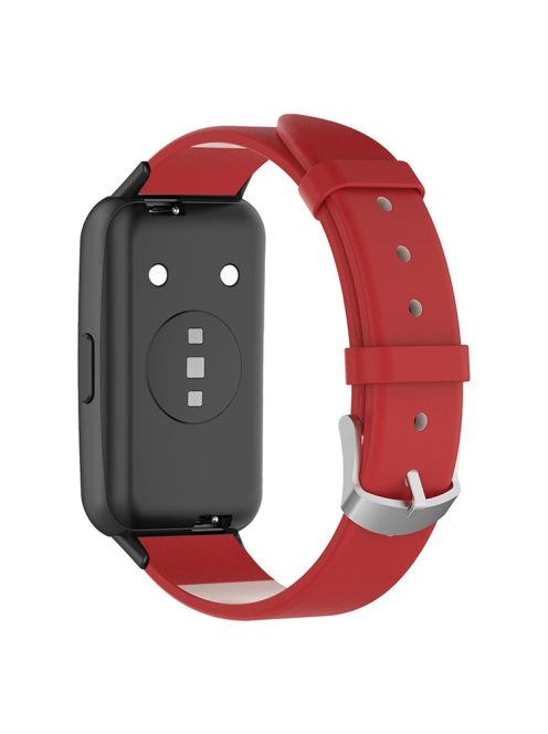 For Huawei Band 7 Genuine Leather Watch Band Replacement Strap with Metal Silver Buckle - Red