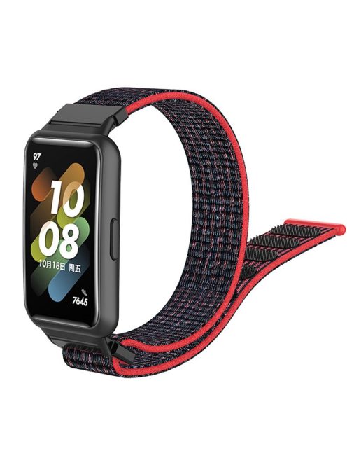 For Huawei Band 7 Soft Nylon Watch Band Adjustable Loop Fastener Sport Strap Wristband Replacement - Black / Red