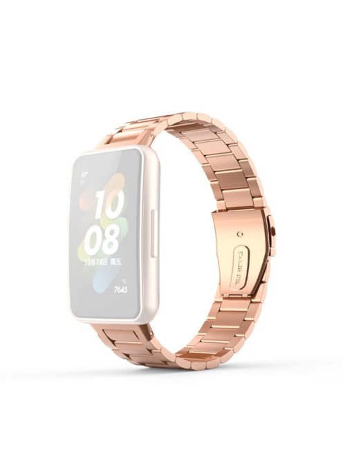 For Huawei Band 7 Three Beads Stainless Steel Anti-scratch Smart Watch Band Replacement Wrist Strap - Rose Gold