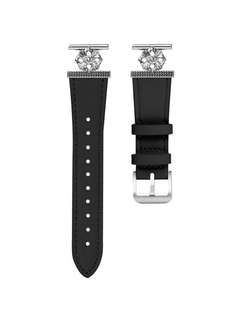 For Huawei Watch 2 Watch Band Genuine Cow Leather Flower Decor Adjustable Strap - Black