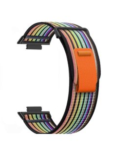   For Huawei Watch Fit 3 Nylon Watch Band Adjustable Loop Fastener Strap - Black+Rainbow