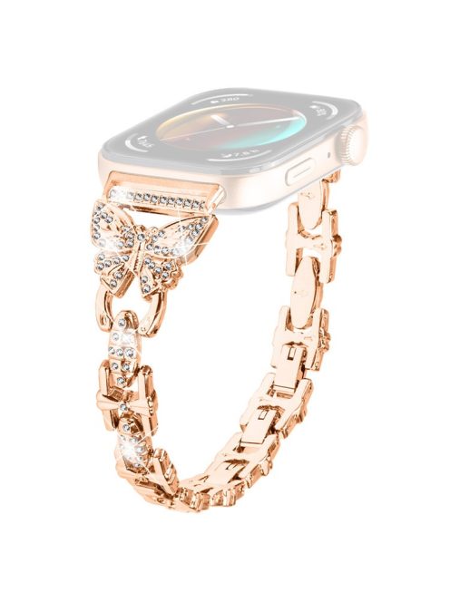 For Huawei Watch Fit 3 Rhinestone Decor Butterfly Design Watch Band Stainless Steel Wrist Strap - Rose Gold