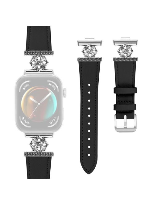 For Huawei Watch Fit 3 Watch Band Genuine Cow Leather Flower Decor Adjustable Strap - Black