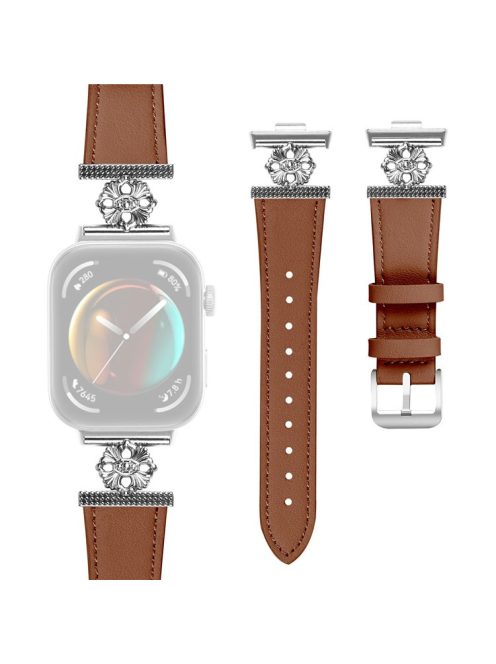 For Huawei Watch Fit 3 Watch Band Genuine Cow Leather Flower Decor Adjustable Strap - Brown