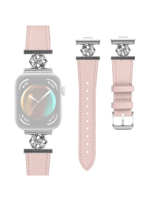 For Huawei Watch Fit 3 Watch Band Genuine Cow Leather Flower Decor Adjustable Strap - Pink