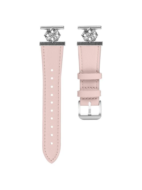 For Huawei Watch GT 2 42mm Watch Band Genuine Cow Leather Flower Decor Adjustable Strap - Pink