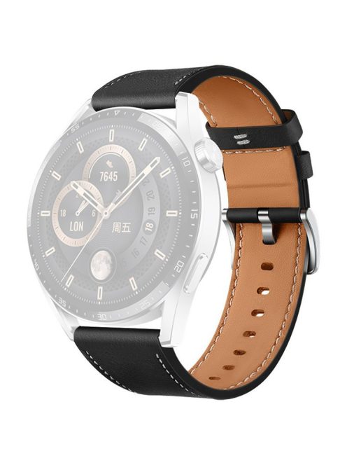 For Huawei Watch GT 4 46mm / Watch 4 / Watch 4 Pro Strap 22mm Genuine Cow Leather Stitching Lines Watch Band - Black