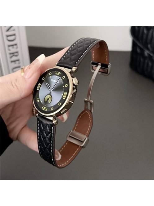 For Samsung Galaxy Watch3 45mm / Huawei Watch GT 4 46mm Watch Strap 22mm Genuine Cow Leather Magnetic Buckle Band - Black