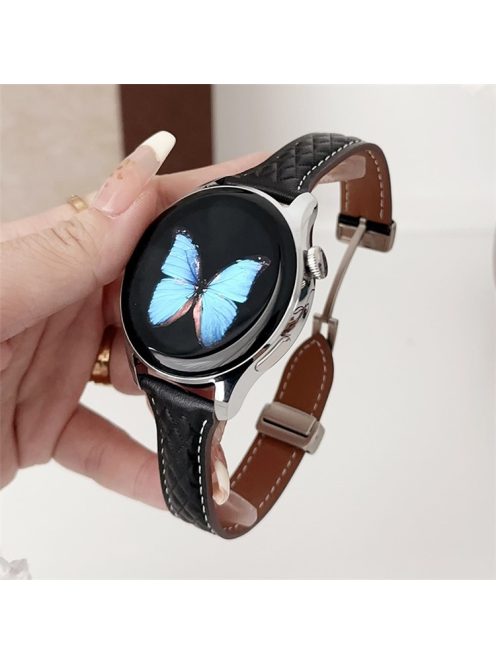 For Samsung Galaxy Watch3 45mm / Huawei Watch Ultimate Genuine Cow Leather 22mm Watch Band with Rhombus Pattern - Black