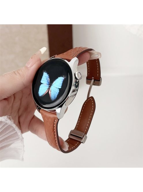 For Samsung Galaxy Watch3 45mm / Huawei Watch Ultimate Genuine Cow Leather 22mm Watch Band with Rhombus Pattern - Brown