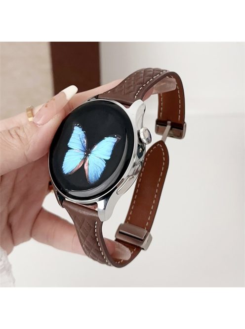 For Samsung Galaxy Watch3 45mm / Huawei Watch Ultimate Genuine Cow Leather 22mm Watch Band with Rhombus Pattern - Dark Brown