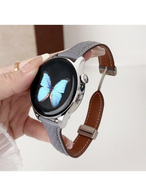 For Samsung Galaxy Watch3 45mm / Huawei Watch Ultimate Genuine Cow Leather 22mm Watch Band with Rhombus Pattern - Grey