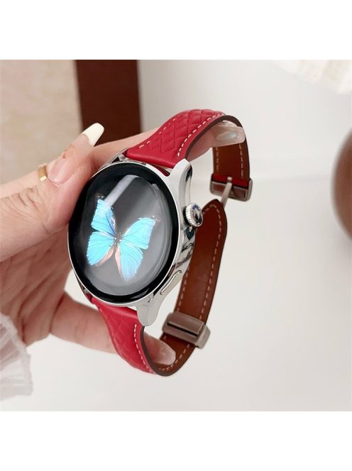 For Samsung Galaxy Watch3 45mm / Huawei Watch Ultimate Genuine Cow Leather 22mm Watch Band with Rhombus Pattern - Red