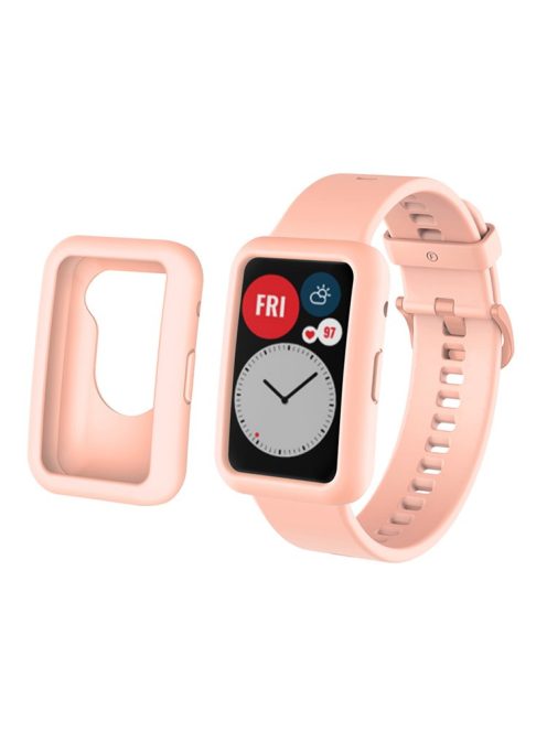 Silicone Watch Band for Huawei Watch Fit, Replacement Adjustable Wrist Strap + Anti-scratch Watch Case - Light Pink