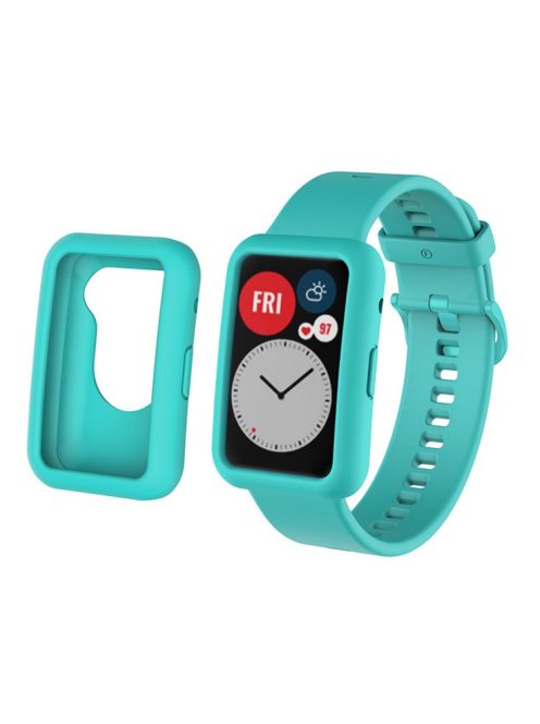 Silicone Watch Band for Huawei Watch Fit, Replacement Adjustable Wrist Strap + Anti-scratch Watch Case - Mint Green