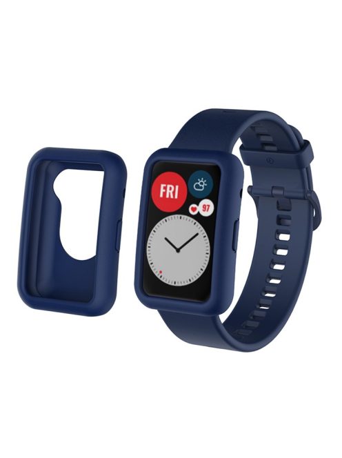 Silicone Watch Band for Huawei Watch Fit, Replacement Adjustable Wrist Strap + Anti-scratch Watch Case - Navy Blue