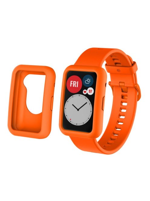 Silicone Watch Band for Huawei Watch Fit, Replacement Adjustable Wrist Strap + Anti-scratch Watch Case - Orange