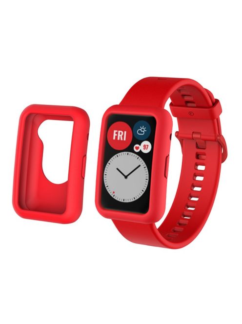 Silicone Watch Band for Huawei Watch Fit, Replacement Adjustable Wrist Strap + Anti-scratch Watch Case - Red