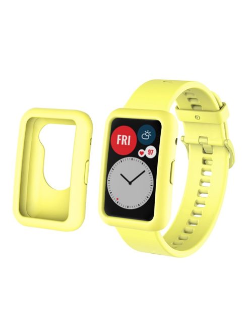 Silicone Watch Band for Huawei Watch Fit, Replacement Adjustable Wrist Strap + Anti-scratch Watch Case - Yellow