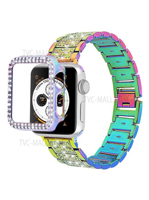 3 Beads Rhinestone Decor Replacement Watch Strap + Anti-Drop Double Row Rhinestone PC Watch Case Cover for Apple Watch Series 1 / 2 / 3 38mm - Multi-Color