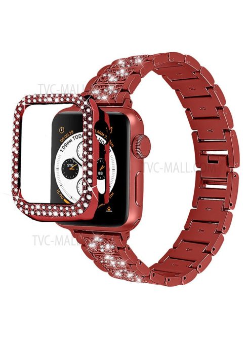 3 Beads Rhinestone Decor Replacement Watch Strap + Anti-Drop Double Row Rhinestone PC Watch Case Cover for Apple Watch Series 1 / 2 / 3 38mm - Red