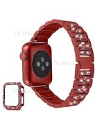 3 Beads Rhinestone Decor Replacement Watch Strap + Anti-Drop Double Row Rhinestone PC Watch Case Cover for Apple Watch Series 1 / 2 / 3 38mm - Red