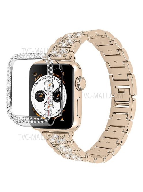 3 Beads Rhinestone Decor Replacement Watch Strap + Anti-Drop Double Row Rhinestone PC Watch Case Cover for Apple Watch Series 1 / 2 / 3 38mm - Retro Gold