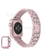 3 Beads Rhinestone Decor Replacement Watch Strap + Anti-Drop Double Row Rhinestone PC Watch Case Cover for Apple Watch Series 1 / 2 / 3 38mm - Rose Pink