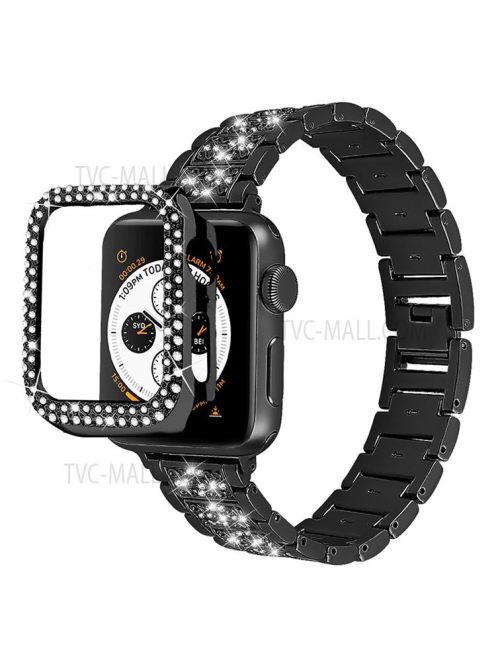 3 Beads Rhinestone Decor Stainless Steel Watch Strap + Double Row Rhinestone PC Drop-proof Watch Case Cover for Apple Watch Series 1/2/3 42mm - Black