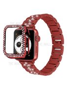 3 Beads Rhinestone Decor Stainless Steel Watch Strap + Double Row Rhinestone PC Drop-proof Watch Case Cover for Apple Watch Series 1/2/3 42mm - Red