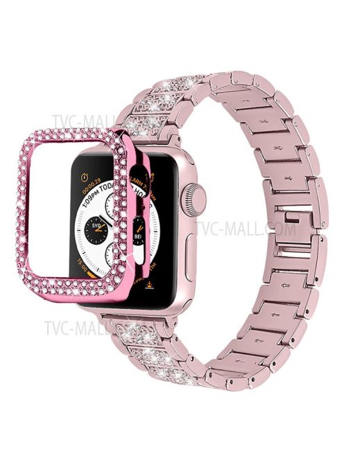 3 Beads Rhinestone Decor Stainless Steel Watch Strap + Double Row Rhinestone PC Drop-proof Watch Case Cover for Apple Watch Series 1/2/3 42mm - Rose Pink