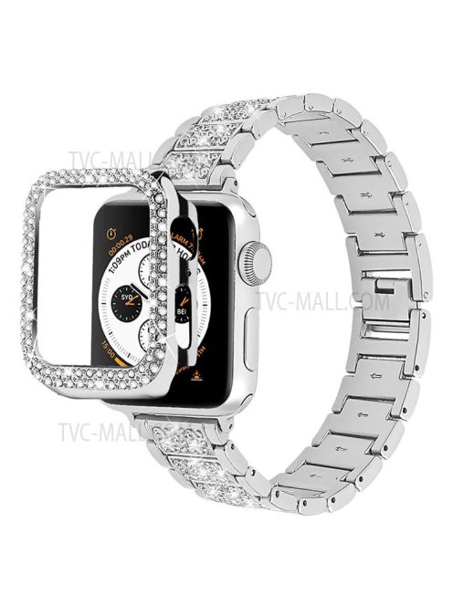 3 Beads Rhinestone Decor Stainless Steel Watch Strap + Double Row Rhinestone PC Drop-proof Watch Case Cover for Apple Watch Series 1/2/3 42mm - Silver