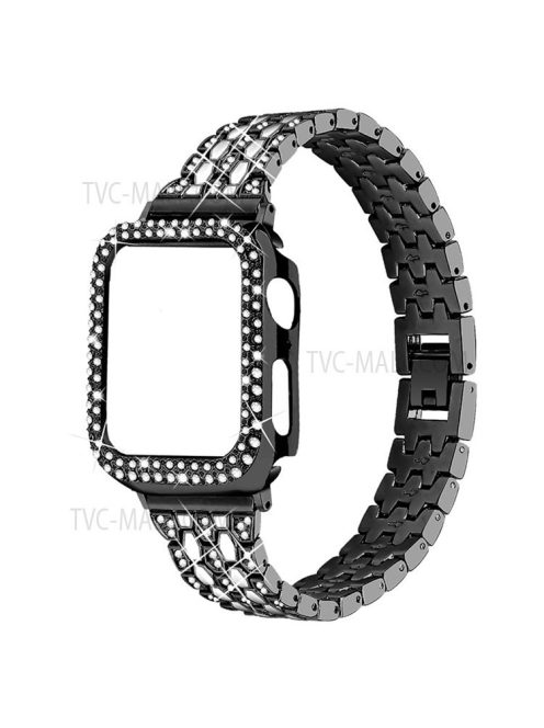 3 Rows Rhinestone Decor 5 Beads Stainless Steel Watchband Wrist Strap + PC Watch Case Protective Cover for Apple Watch Series 6/5/4/SE 40mm - Black/White/Black