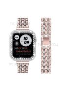 3 Rows Rhinestone Decor 5 Beads Stainless Steel Watchband Wrist Strap + PC Watch Case Protective Cover for Apple Watch Series 6/5/4/SE 40mm - Pink Gold/Transparent/Transparent