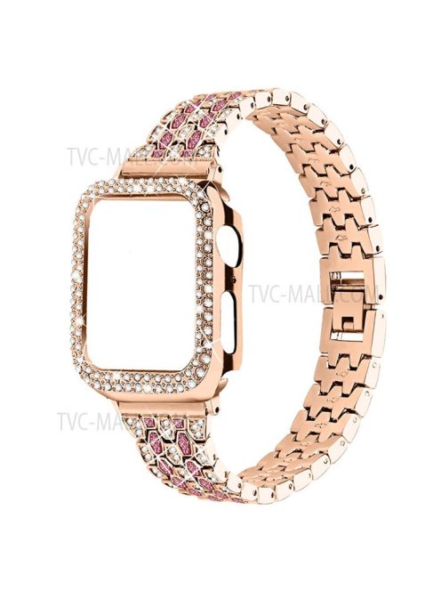 3 Rows Rhinestone Decor 5 Beads Stainless Steel Watchband Wrist Strap + PC Watch Case Protective Cover for Apple Watch Series 6/5/4/SE 40mm - Rose Gold/Rose/Rose Gold