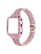 3 Rows Rhinestone Decor 5 Beads Stainless Steel Watchband Wrist Strap + PC Watch Case Protective Cover for Apple Watch Series 6/5/4/SE 40mm - Rose Pink/Rose/Rose Pink