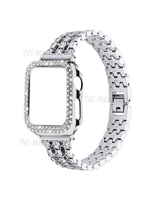 3 Rows Rhinestone Decor 5 Beads Stainless Steel Watchband Wrist Strap + PC Watch Case Protective Cover for Apple Watch Series 6/5/4/SE 40mm - Silver/Black/Silver