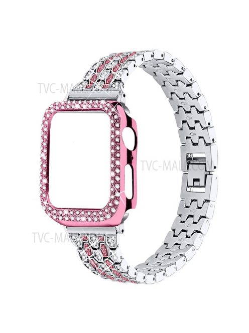 3 Rows Rhinestone Decor 5 Beads Stainless Steel Watchband Wrist Strap + PC Watch Case Protective Cover for Apple Watch Series 6/5/4/SE 40mm - Silver/Rose/Rose Pink