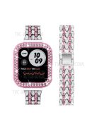 3 Rows Rhinestone Decor 5 Beads Stainless Steel Watchband Wrist Strap + PC Watch Case Protective Cover for Apple Watch Series 6/5/4/SE 40mm - Silver/Rose/Rose Pink